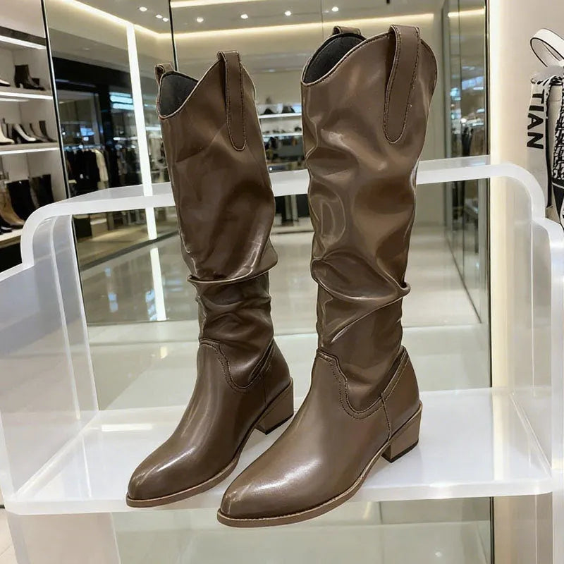 Pair of chunky heel suede high-top riding boots with 3-5cm block heel, round toe, microfiber upper, in cloth khaki or leather black or brown.