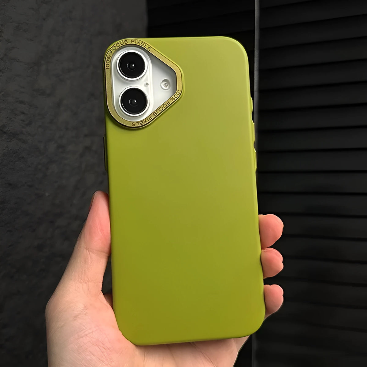 Ultra-thin frosted phone case with metal buttons and large metal hole in black for iPhone 14