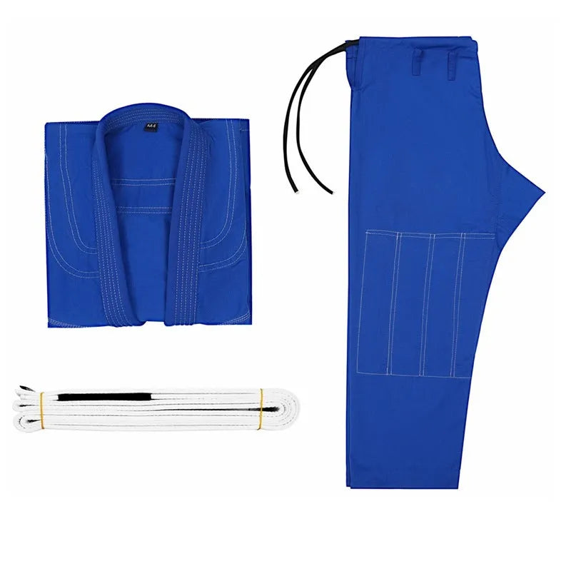 Brazilian Jiu-jitsu clothing set in cotton blend fabric, showing top and trousers for training wear