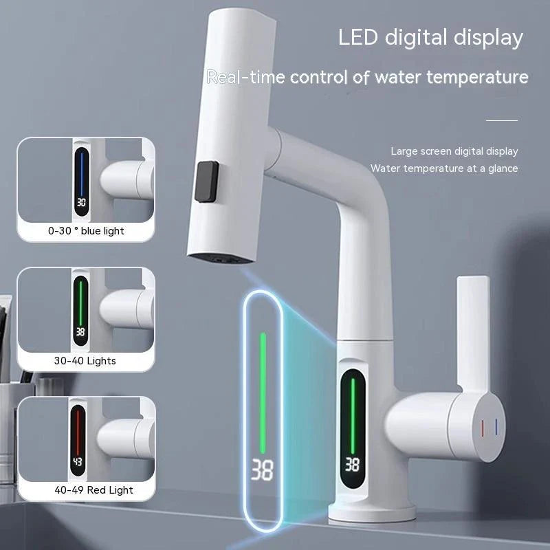 Sleek digital faucet with temperature display, 360° rotation, and pull-out hose for modern kitchen and bathroom needs