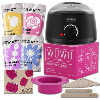 27-piece hypoallergenic wax kit showing 4-colour wax beads, face and body sticks, wax machine, and multilingual guidebook