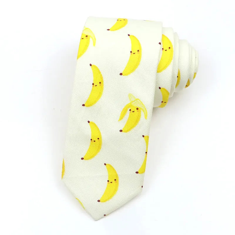 Korean style narrow men's cotton bow tie with a printed cartoon pattern on an adjustable fabric strap.