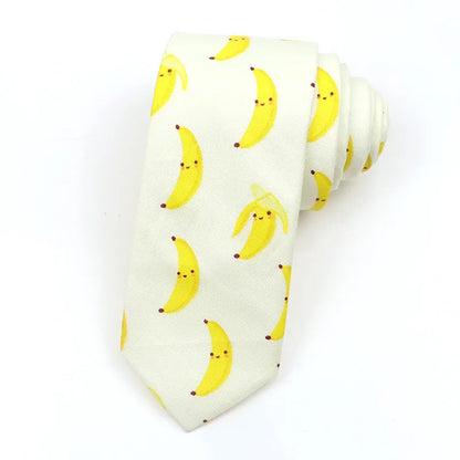 Korean style narrow men's cotton bow tie with a printed cartoon pattern on an adjustable fabric strap.