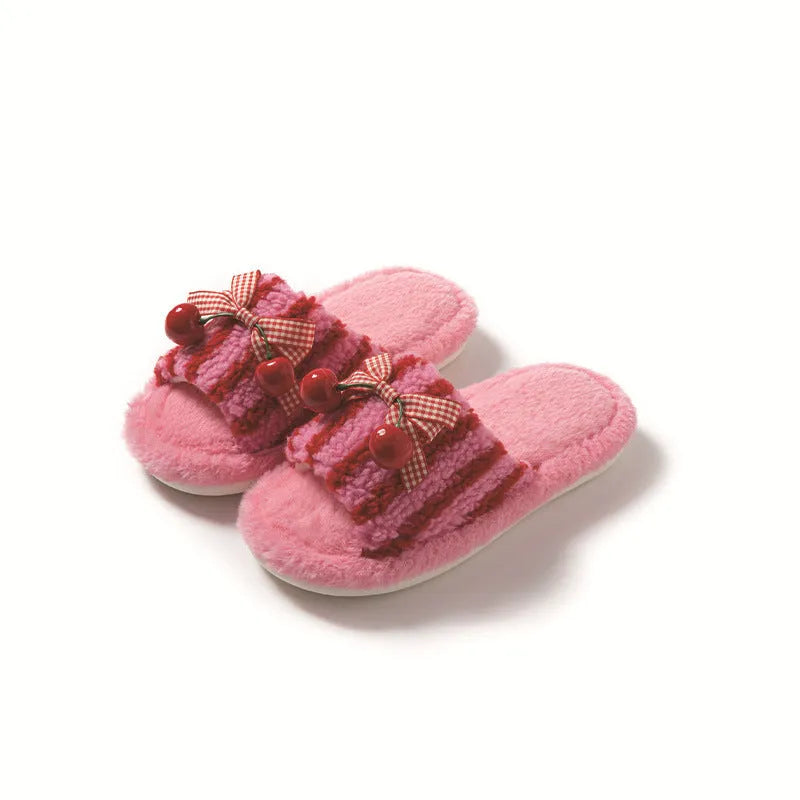 Cherry open plush slippers with contrast colour design, PVC sole, 1-3cm heel, in pink, red and blue, or rose red