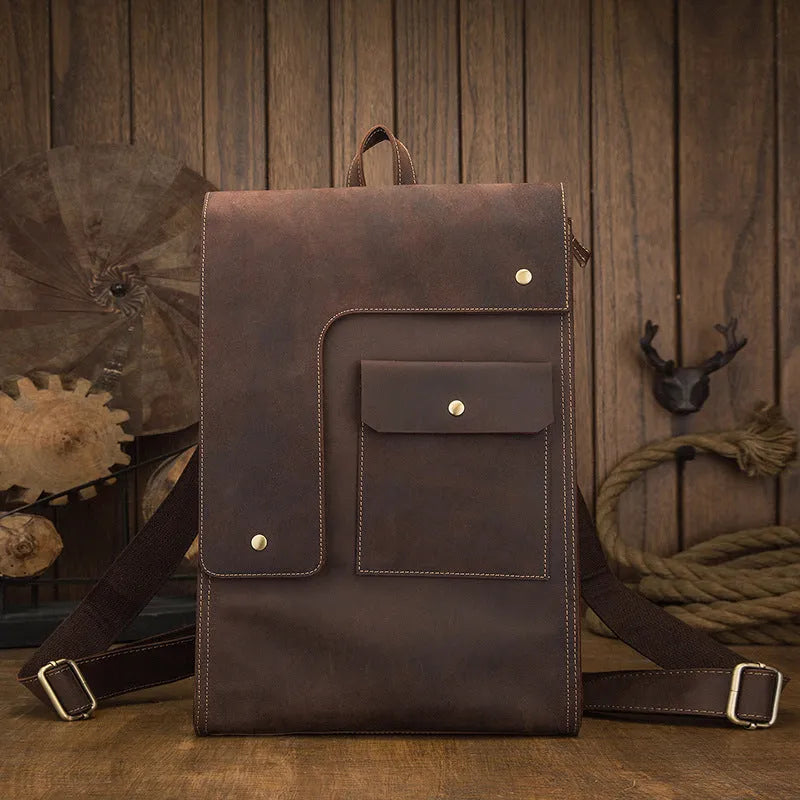 Dark brown genuine leather men's travel bag with vertical square design and double shoulder straps