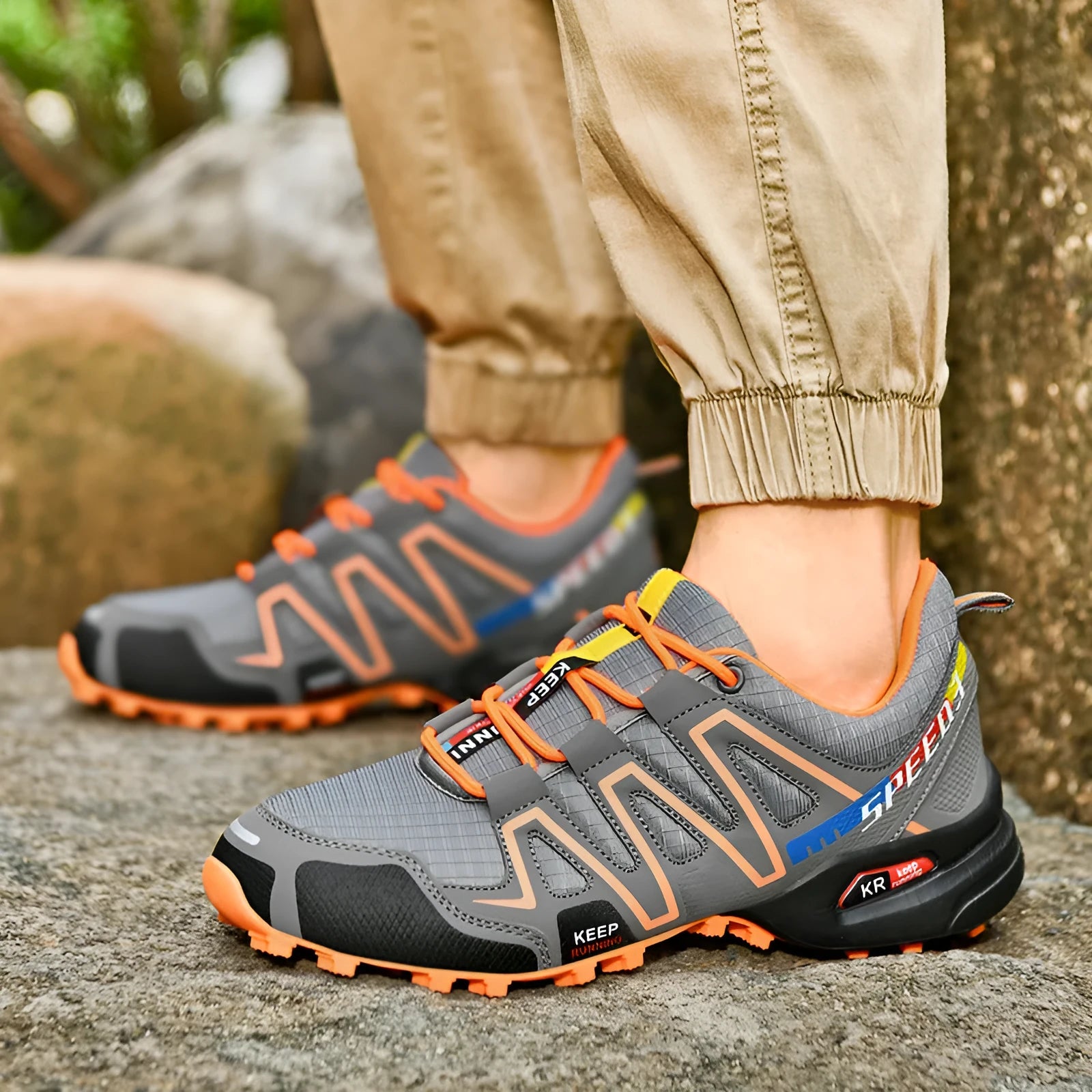 Men's low-top casual shoe in grey orange with synthetic leather upper and mesh lining.