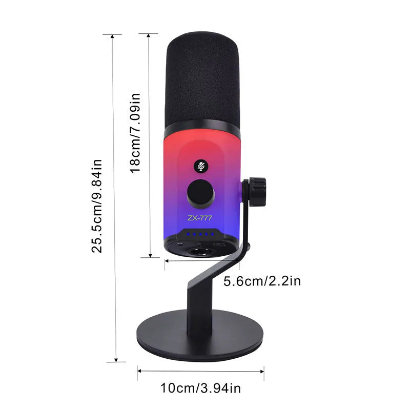 ZX777 moving coil microphone with USB and XLR connection, noise reduction, and ZX-777RGB bracket