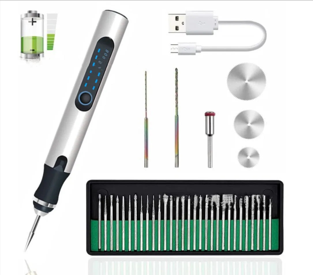 Electric engraving pen with USB charging cable and accessories including grinding heads, cutting plates, and drill bits