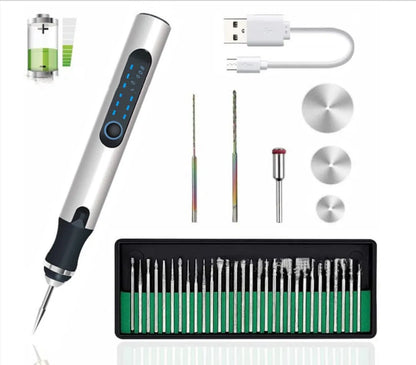 Electric engraving pen with USB charging cable and accessories including grinding heads, cutting plates, and drill bits