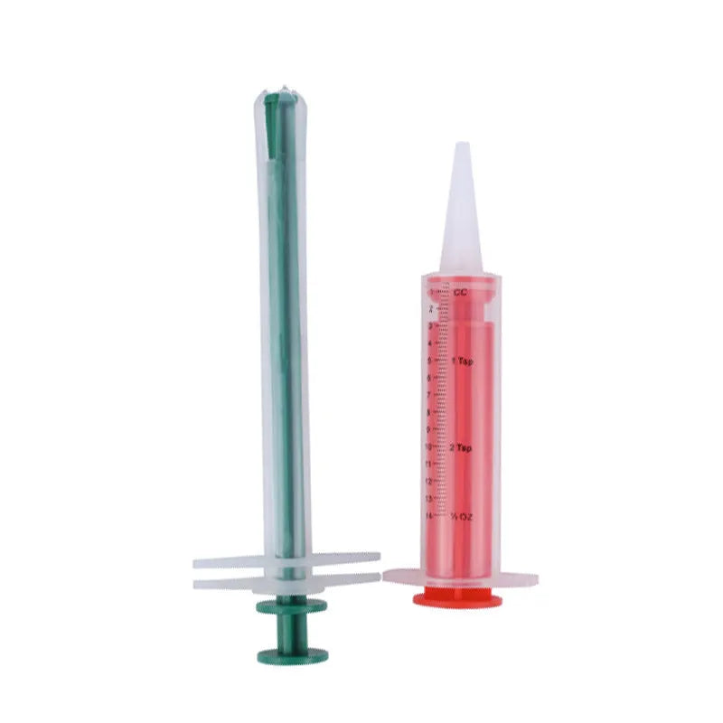 Two silicone-tipped pet pill shooter syringes for cat and dog medicine.