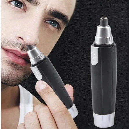 Black electric nose hair trimmer with rotating blades and arch design for safe nasal hair removal