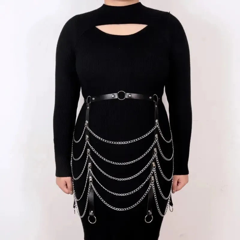 Black PU leather waist chain with adjustable buckle and metal chain detailing