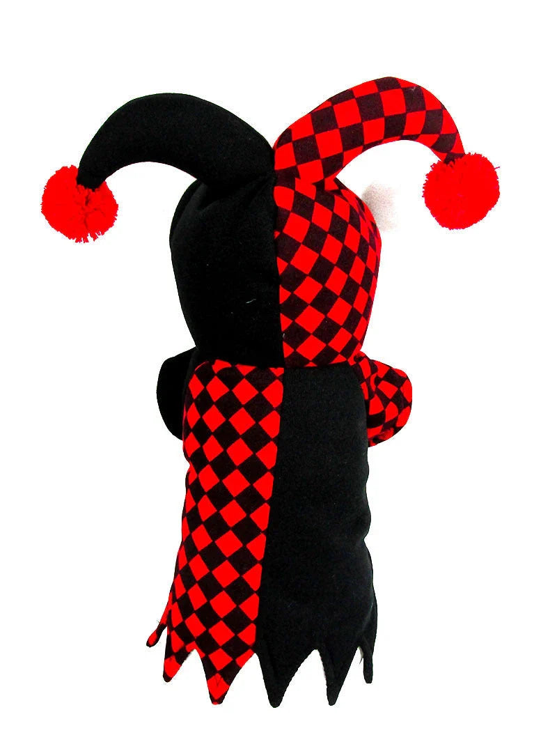 A pet wearing a clown costume with a jaunty hat, made of high-quality polyester for comfort and durability.