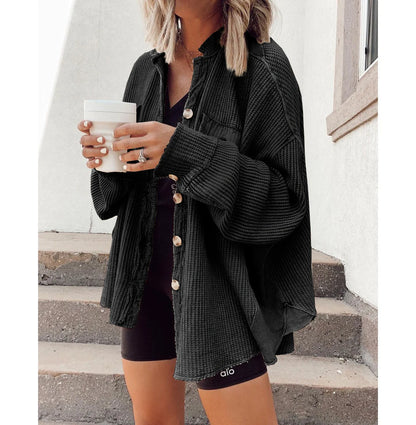 Women's lapel long sleeve button shirt jacket in various colours