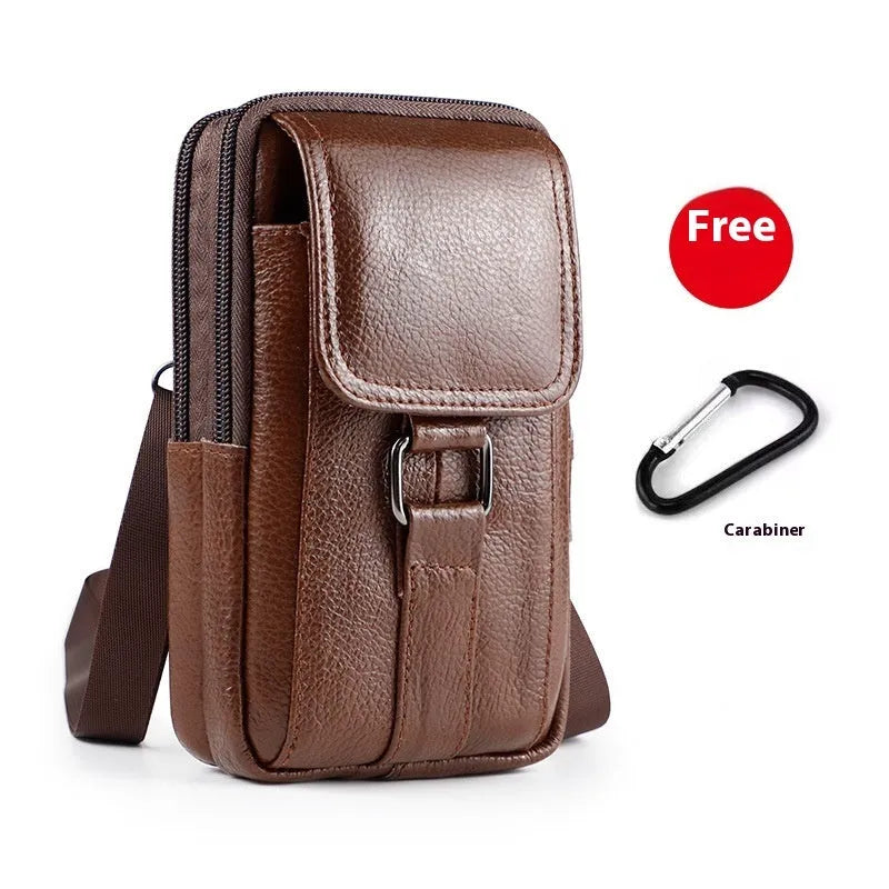 Men's genuine leather crossbody waist bag with lock feature and coin pocket in vertical square shape