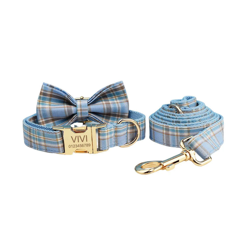 Sky Blue Grid Forest Series Dog Collar Traction Rope Set, 4-Piece Pet Gear for Weddings and Parties, Dog Collar Dog Leash Bow Vest with Adjustable Lengths in S M L XL XS Sizes, Cloth Material