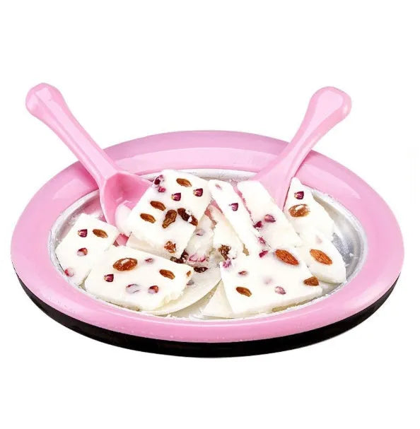 Blue manual fried yogurt ice cream maker with ice tray and serving shovels