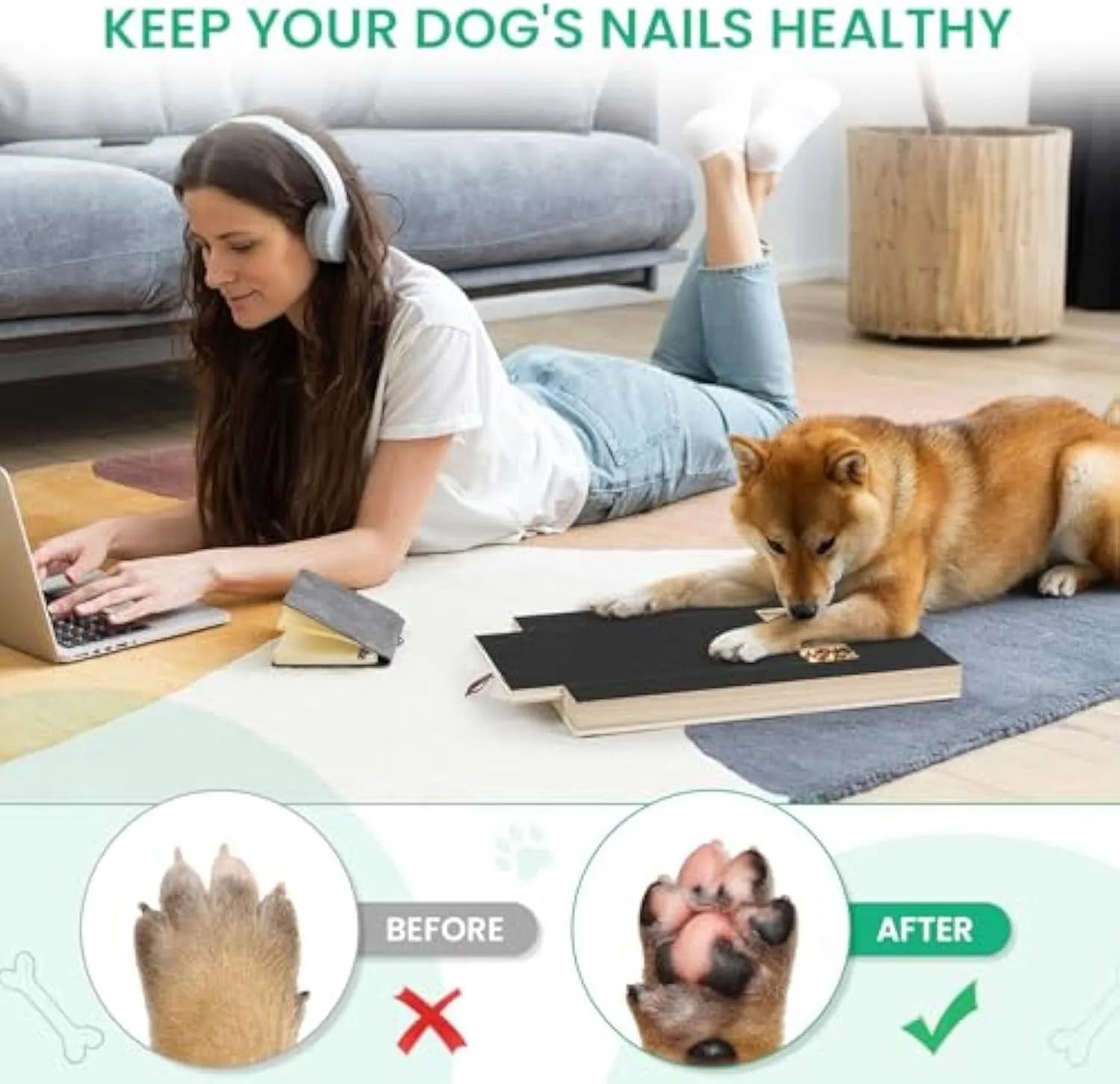 Wooden dog nail scratch board with treat drawer and four circular non-slip pads on base