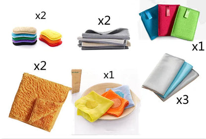 Double-sided kitchen sponge and microfiber cloth set for cleaning pots, pans, and hard surfaces