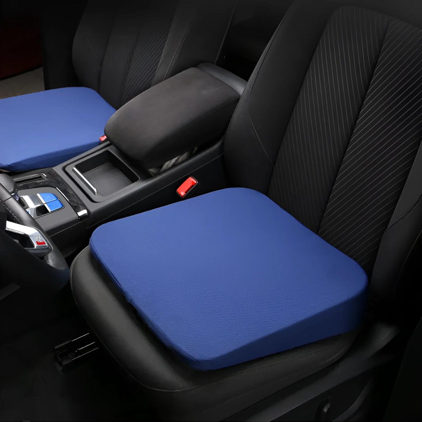 Black car seat cushion with thick butt support measuring approximately 42 x 39 x 6 cm