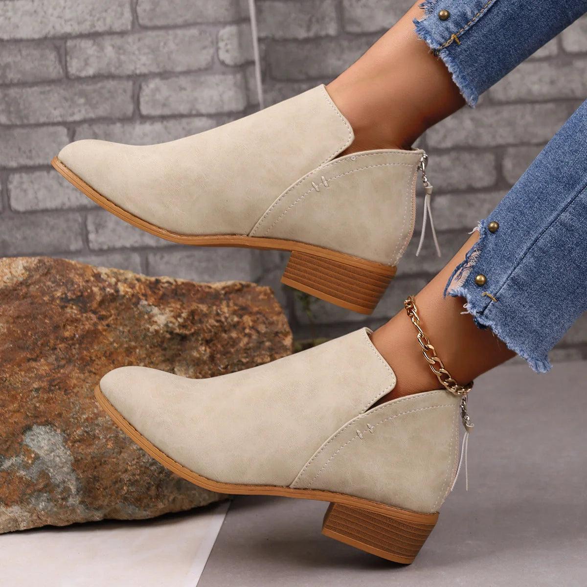 Women's chunky heel pointed toe ankle boots with V-cut design in khaki, off white, black, and pink
