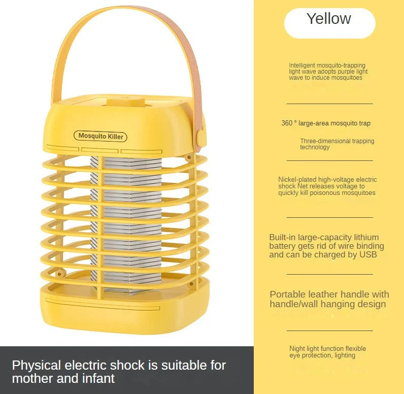 Electric Shock Mosquito Killer Lamp in yellow and black, featuring USB charging and plugin options