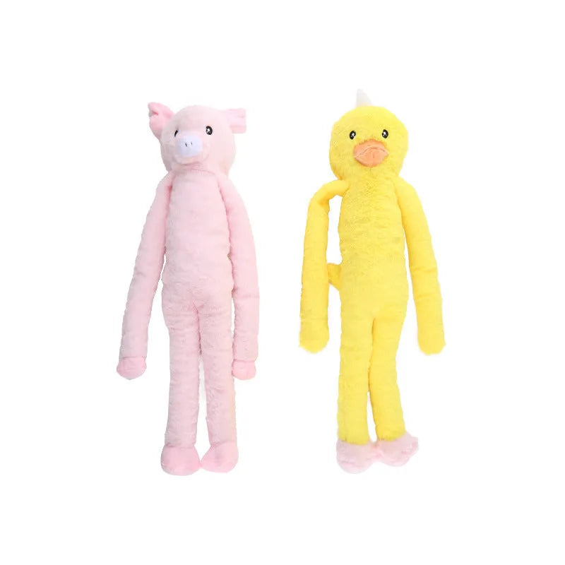 Plush dog toy with rattle and crinkle sounds for large breeds like golden retrievers, interactive chewing companion toy to help clean teeth, available in pink or yellow