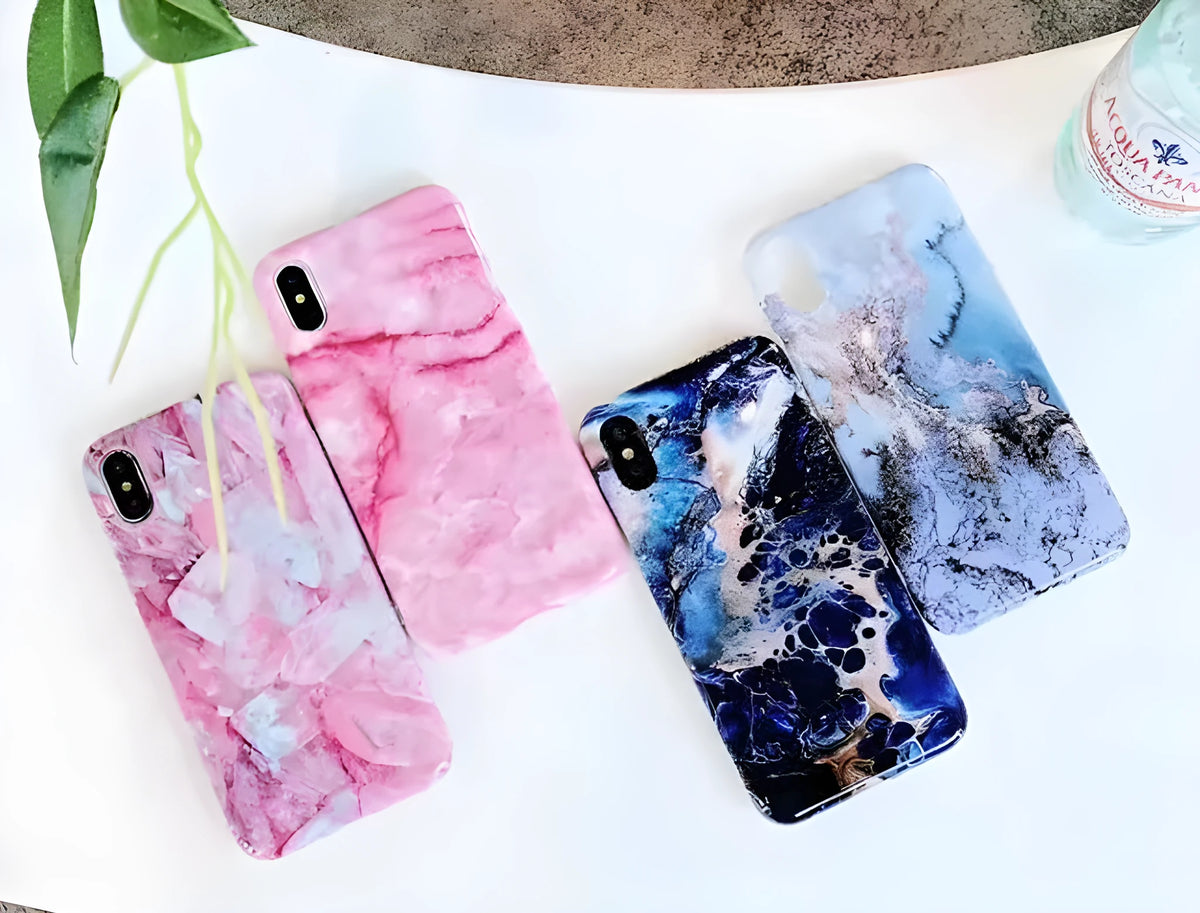 Colourful stone pattern soft back cover phone case for iPhone models on a white background.