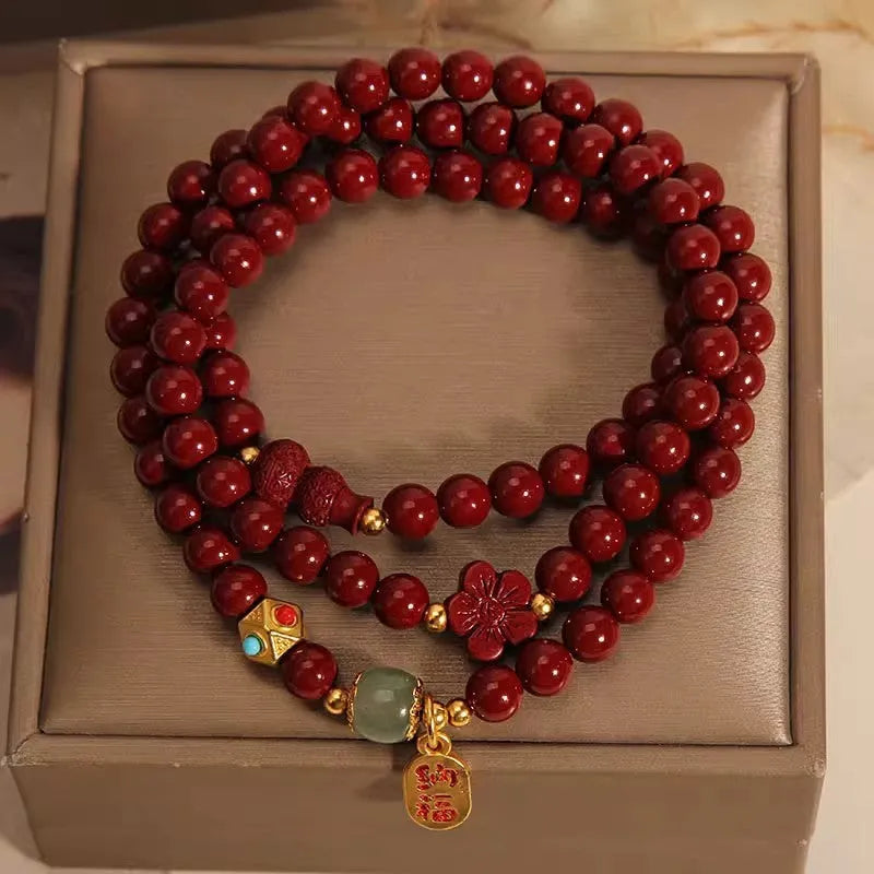 6mm cinnabar bracelet with multi-circle gourd five petal flower design in Chinese style