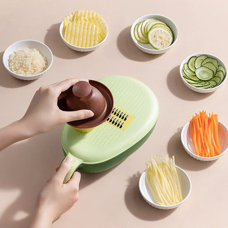 Stainless steel and PP vegetable grater with storage box in avocado green and mango yellow