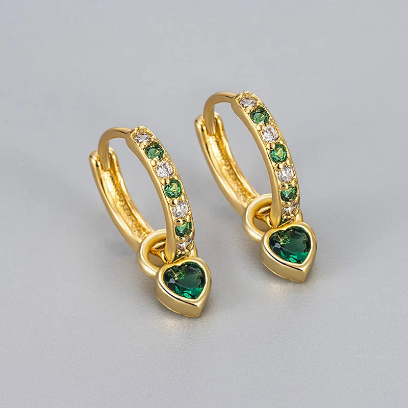 Women's fashion earrings with heart-shaped eardrops, diamond-treated gemstones in gold or white gold plating, approximately 2.5 cm long