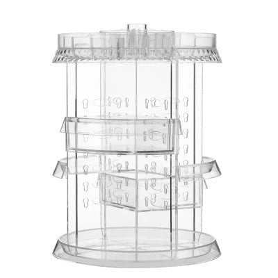 Rotating makeup organizer with detachable drawers in various finishes, including white, black, and transparent options