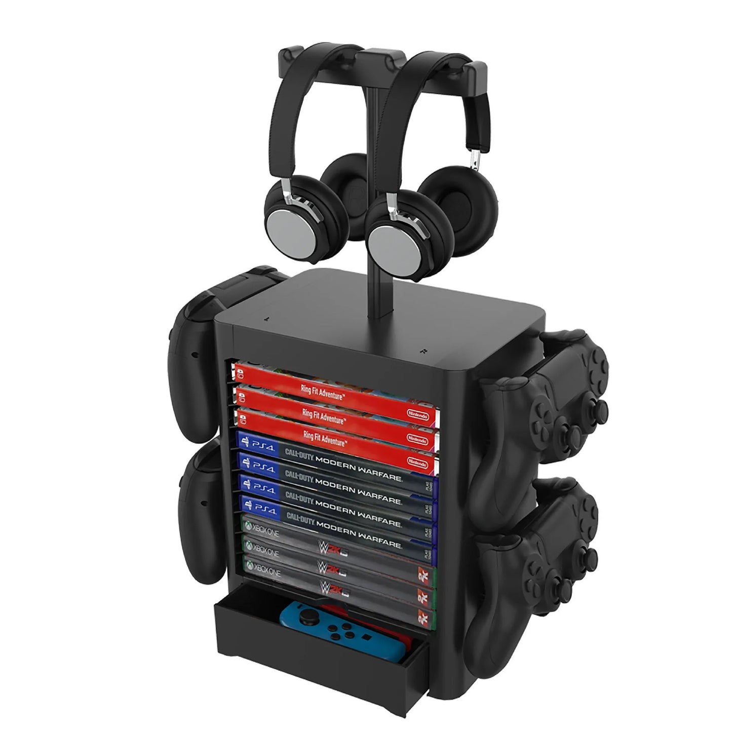 Black ABS gaming storage rack holding vertical game cases, a headset on top, controllers on side hooks, and a pull-out drawer open.