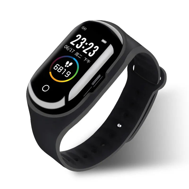 Black smart silicone wristband with a 1-inch screen and integrated earphones for fitness tracking and calls.