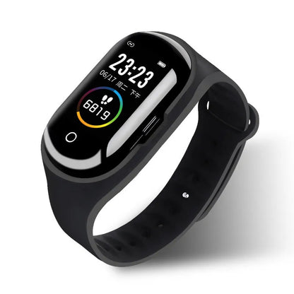 Black smart silicone wristband with a 1-inch screen and integrated earphones for fitness tracking and calls.
