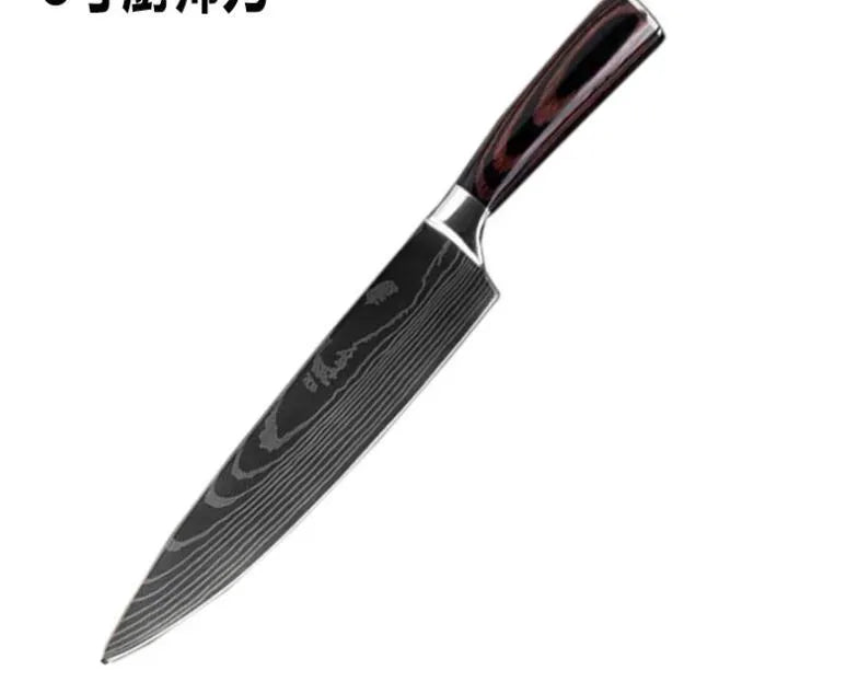 Professional chef knife with laser-etched Damascus pattern on 7Cr17 steel blade and coloured wood handle.
