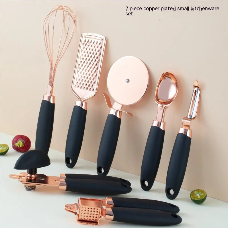 Kitchen tool set with stainless steel construction and copper-plated finish, 7-piece utility bundle including peeler, designed for daily food preparation tasks in a choice of six colours: blue, grey, mint green, pink, white, or black.