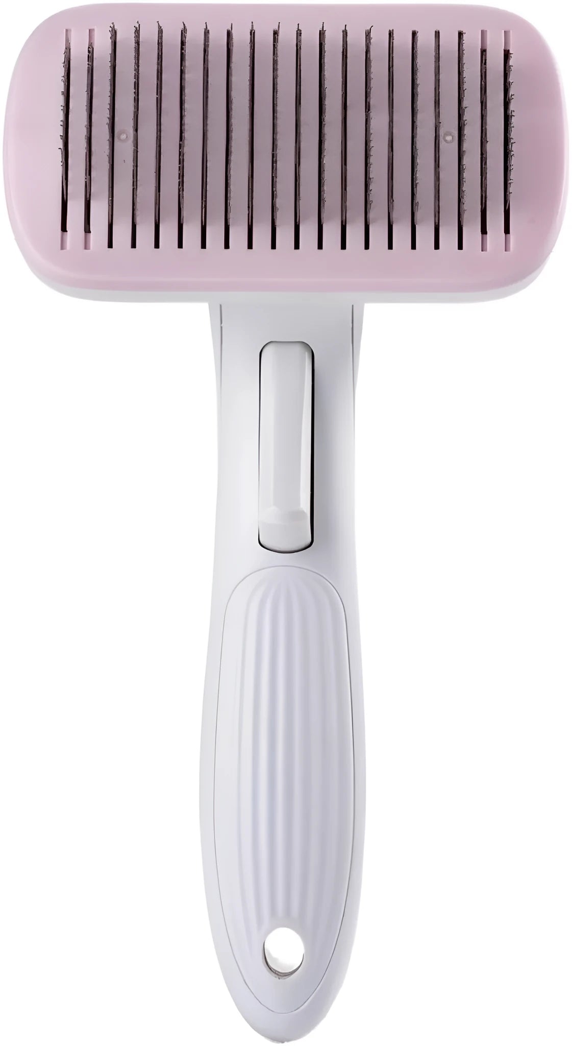 Blue automatic pet comb with one-click button for removing dog and cat hair on a table.