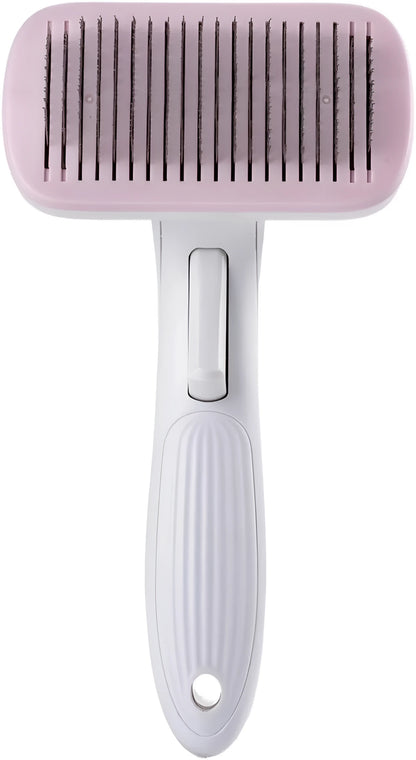 Blue automatic pet comb with one-click button for removing dog and cat hair on a table.