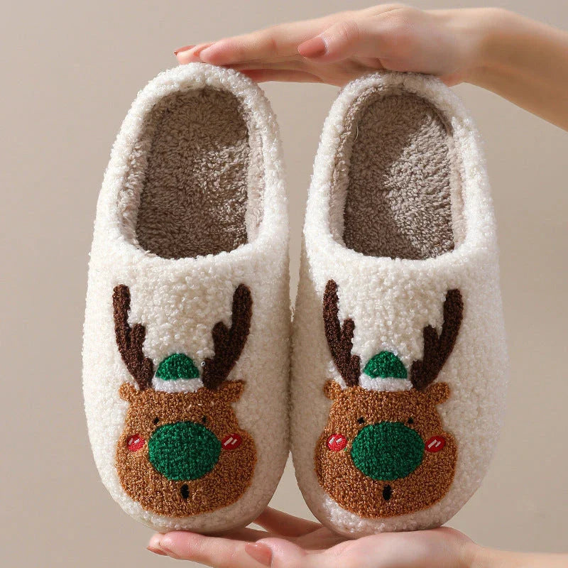 Cozy elk-themed winter home slippers in various candy colors with soft suede upper and supportive EVA sole