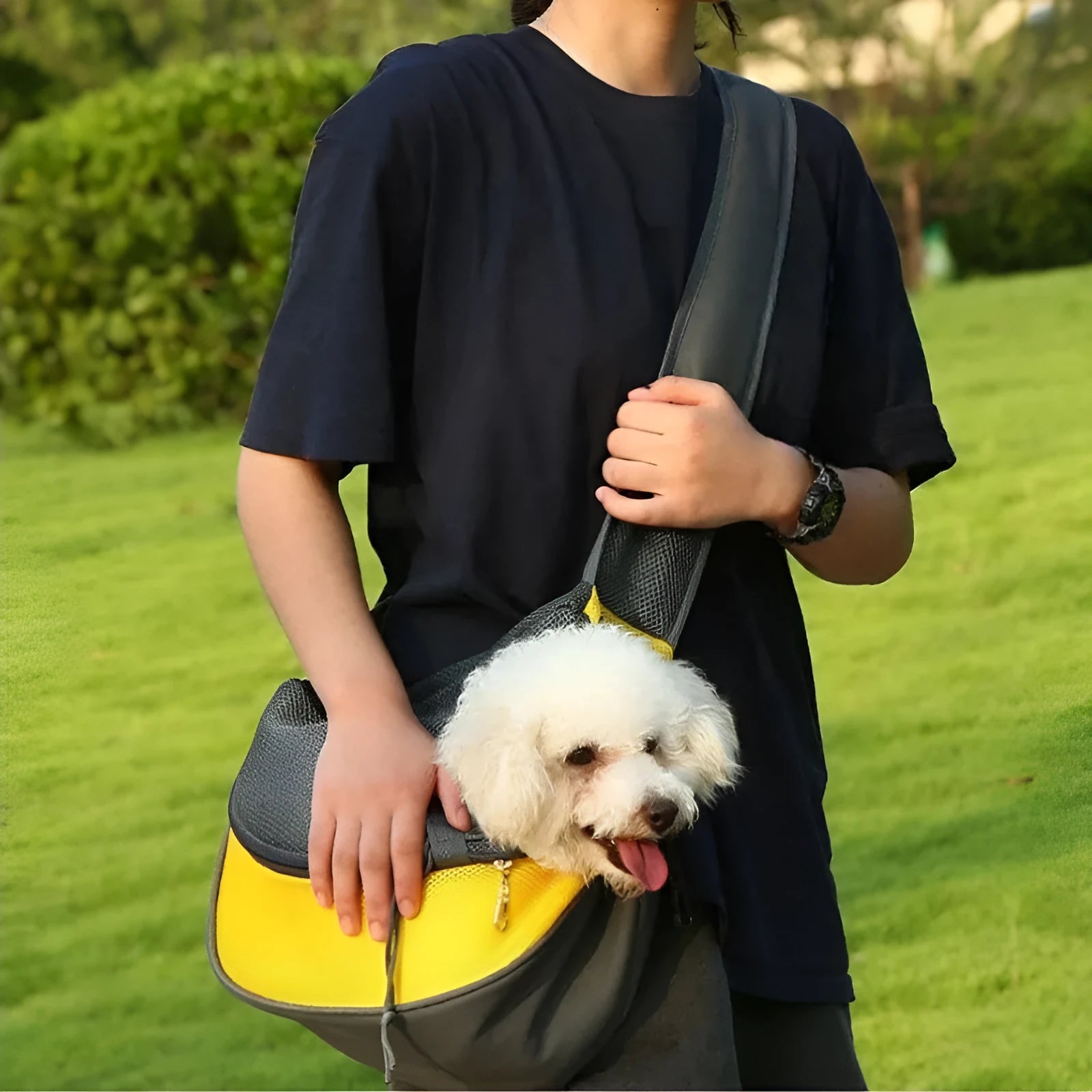 Mesh pet carrier sling bag for small dogs and cats in various colours with single shoulder strap