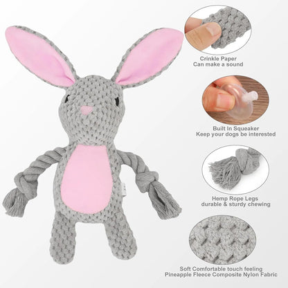 Stuffed animal dog plush toy with cotton rope, shown in elephant, fox, monkey, pig, or rabbit shapes.