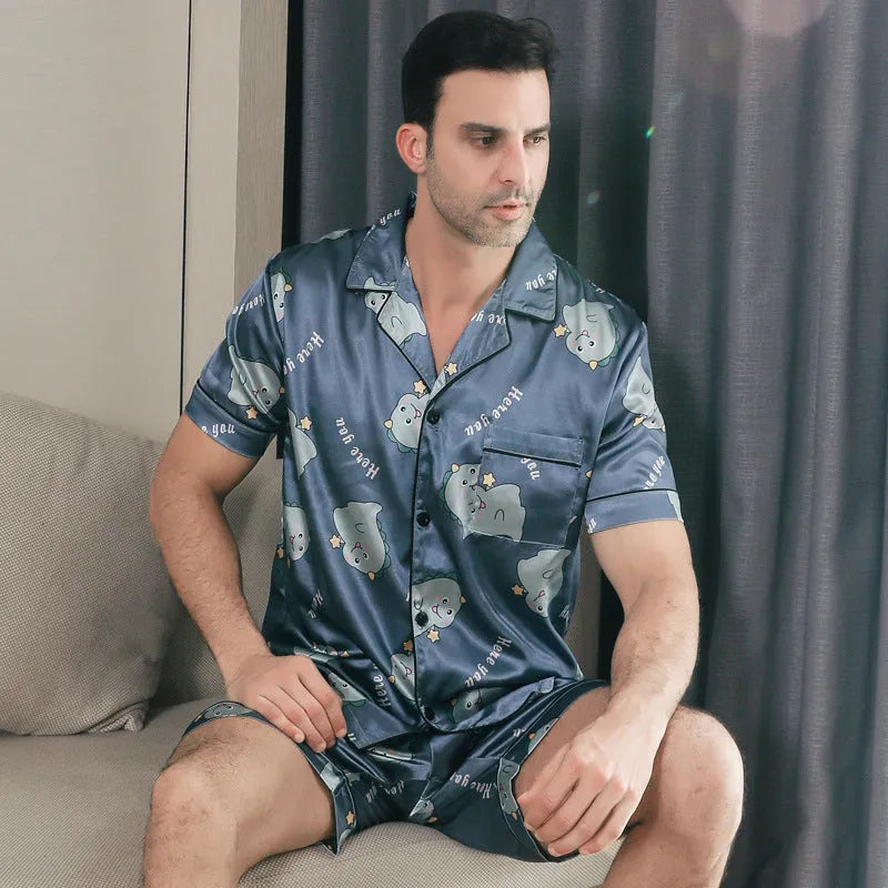 Men's ice silk short sleeve pajama set in cardigan style with top and pants