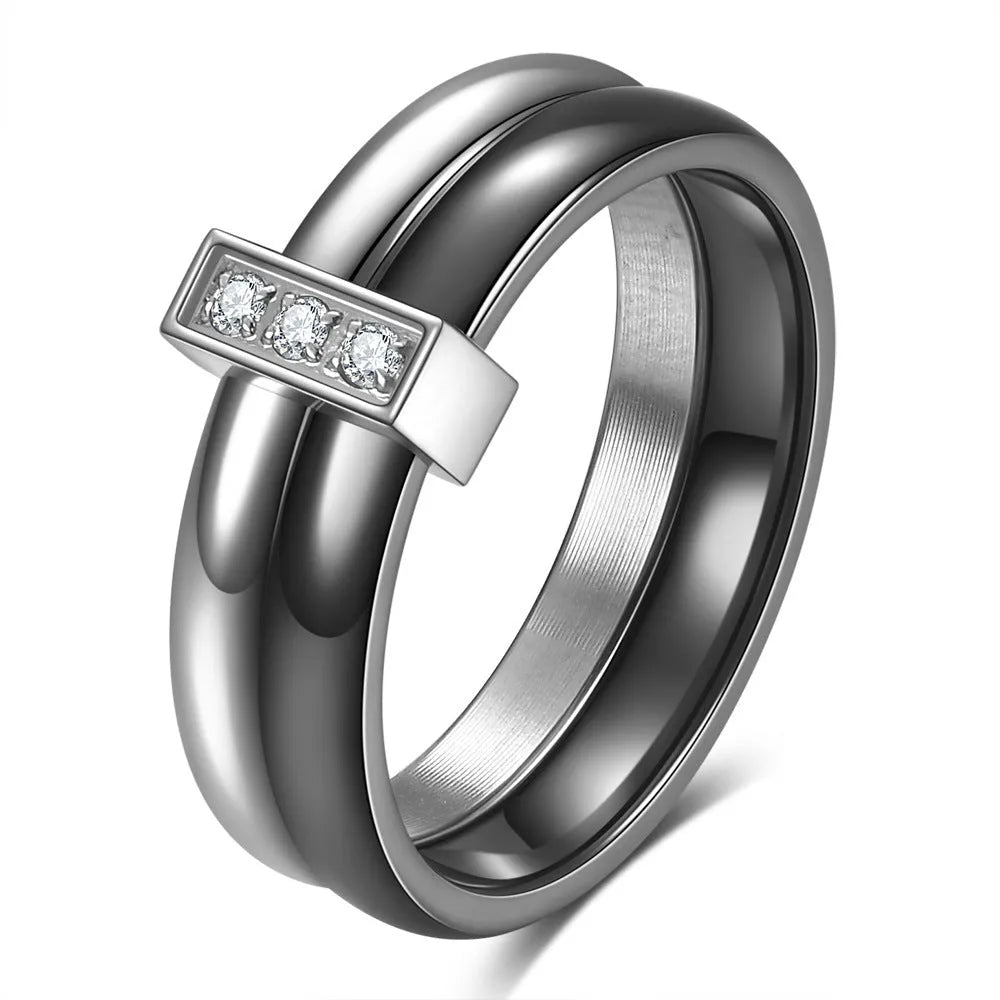 Women's ceramic ring with geometric design, glossy stitching, and zirconium inlay in steel black or gold white finish