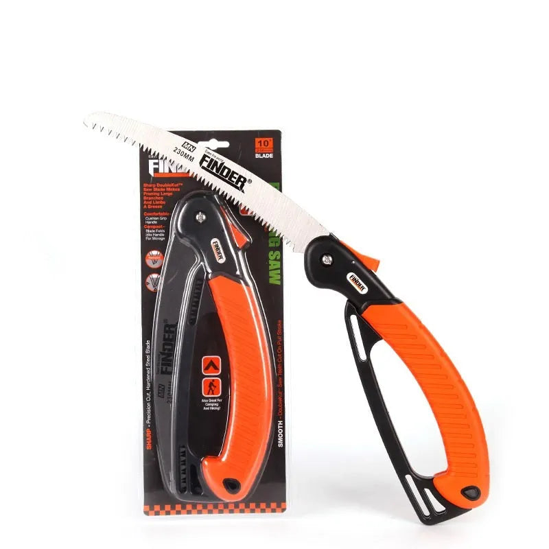 A folded and an open view of a 230mm garden folding saw with a black TPR grip and a steel blade.