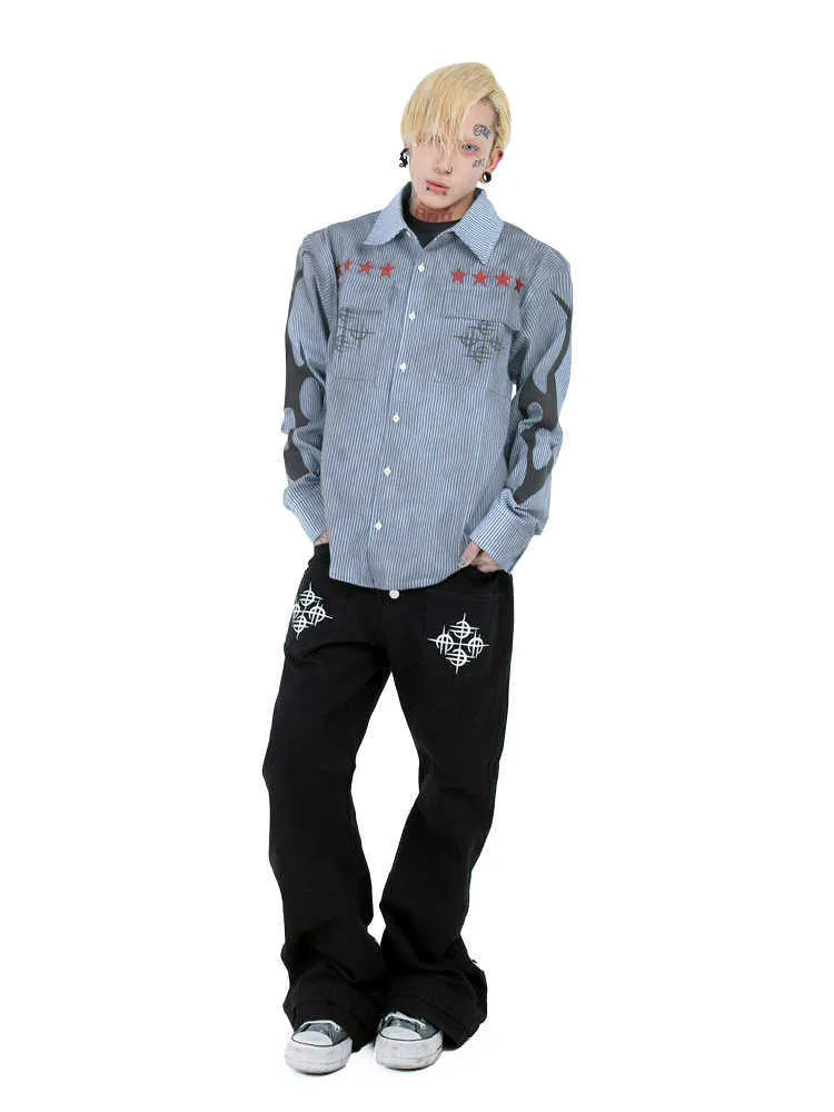 Washed blue striped casual long sleeve shirt with lapel collar on a hanger