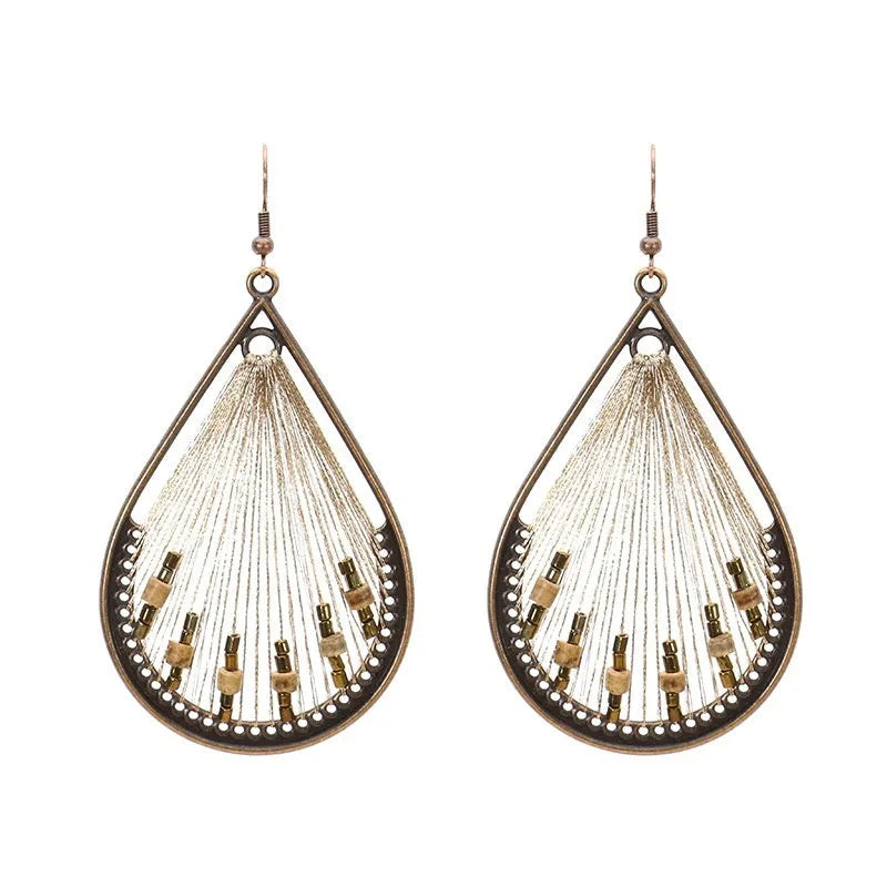 Bohemian geometric alloy earrings with colourful gold thread hand-woven detail, women's quadrilateral design, one pair
