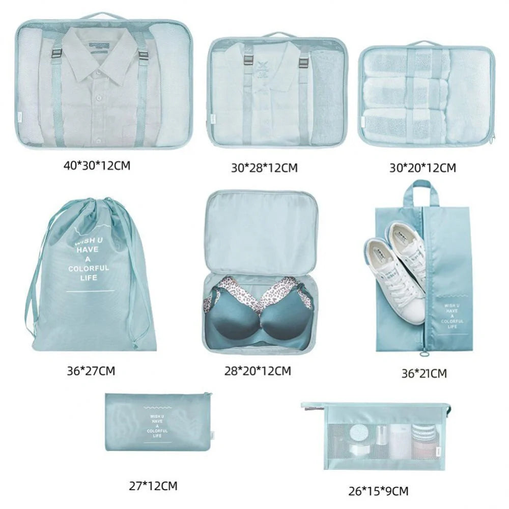 8-piece set of travel packing organisers in various colours for efficient luggage packing