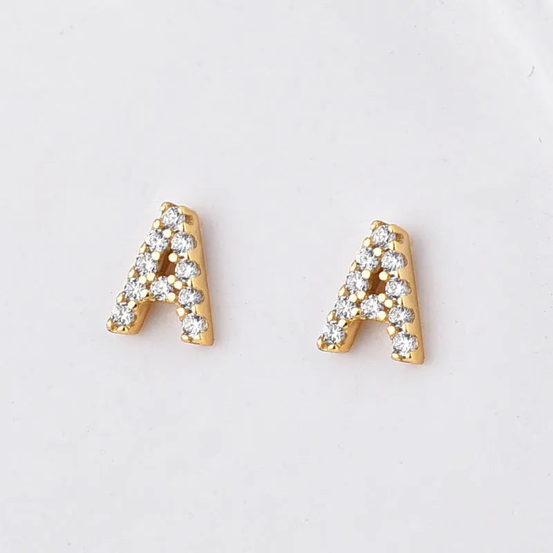 Brass gold plated alphabet letter earrings with zircon accents showing A-Z character options