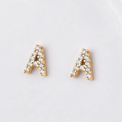 Brass gold plated alphabet letter earrings with zircon accents showing A-Z character options